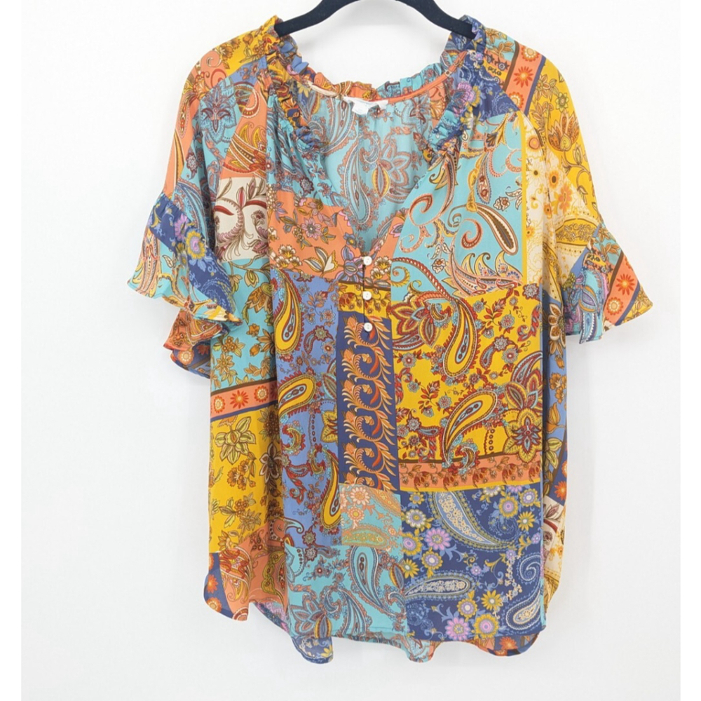 Cynthia Rowley Blouse Women Plus 2X Colorful Patchwork Boho Summer Granny Ruffle